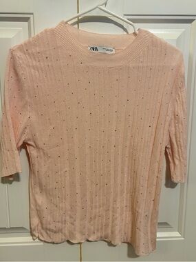 Zara Blush Pink Ribbed Knit Top with Sparkle Studs